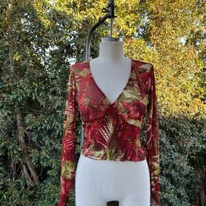 Vintage Y2K Toska Floral Crop Top Smock Waist V-Neck Long Sleeve USA Made Small